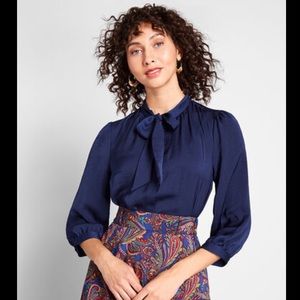 ModCloth navy tie neck blouse secretary librarian